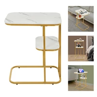 Table d'appoint en forme de C Table basse Table d'appoint de canapé à 2 niveaux Table de collation avec étagère de rangement pour salon chambre cadre en métal blanc 1