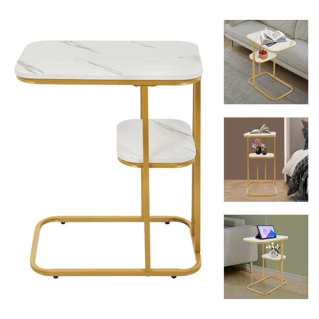 Table d'appoint en forme de C Table basse Table d'appoint de canapé à 2 niveaux Table de collation avec étagère de rangement pour salon chambre cadre en métal blanc 1