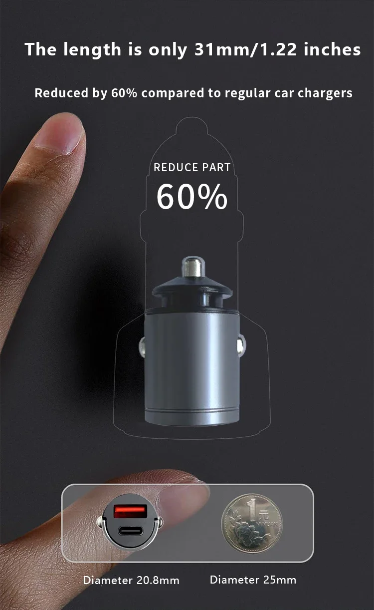 LOYEUANR Mini-Auto-USB-Ladegerät, Höhe 31 mm, Leistung 200 W, versteckte Installation, nicht hervorstehend, USB + PD, für iPhone, Huawei, Mobiltelefon – Detail 6