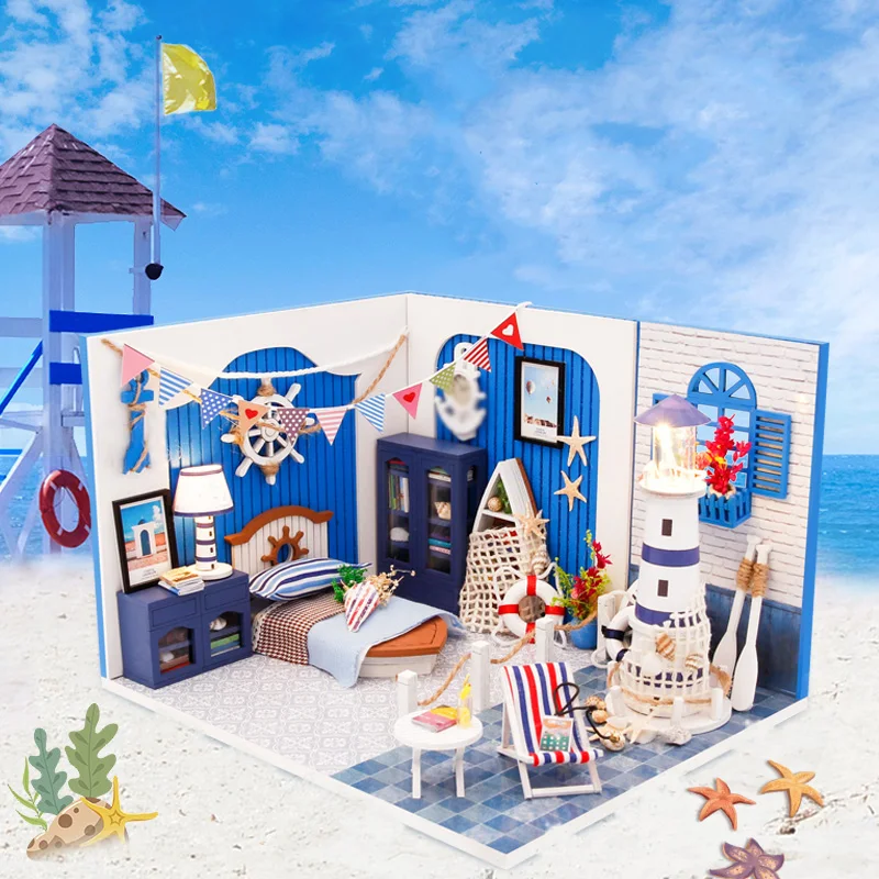 

DIY Dollhouse Sea Dream Style with Dust Cover Miniature Model Building Blocks Children's Toys Dollhouse Miniature Wooden Toys