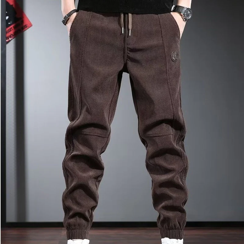 spring autumn new Solid color fashion Elastic waist sweatpants man High street Casual lacing Pockets corduroy All-match trousers