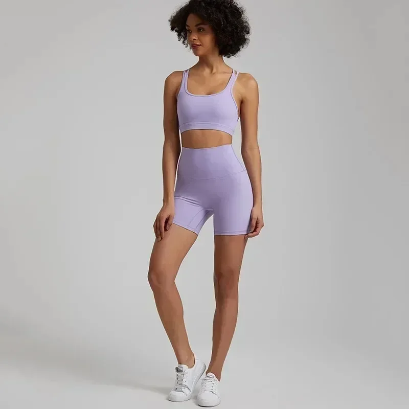 Lemon Soft Women Sport Suit High Waist Shorts Cross Fitness Bra 2pc Short Legging Yoga Set Gym Workout Training Hollow Out
