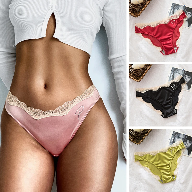 

Women Soft Women's Underwear Satin Lace Panties Rhinestone Lace Briefs Sexy Shiny Satin Panty