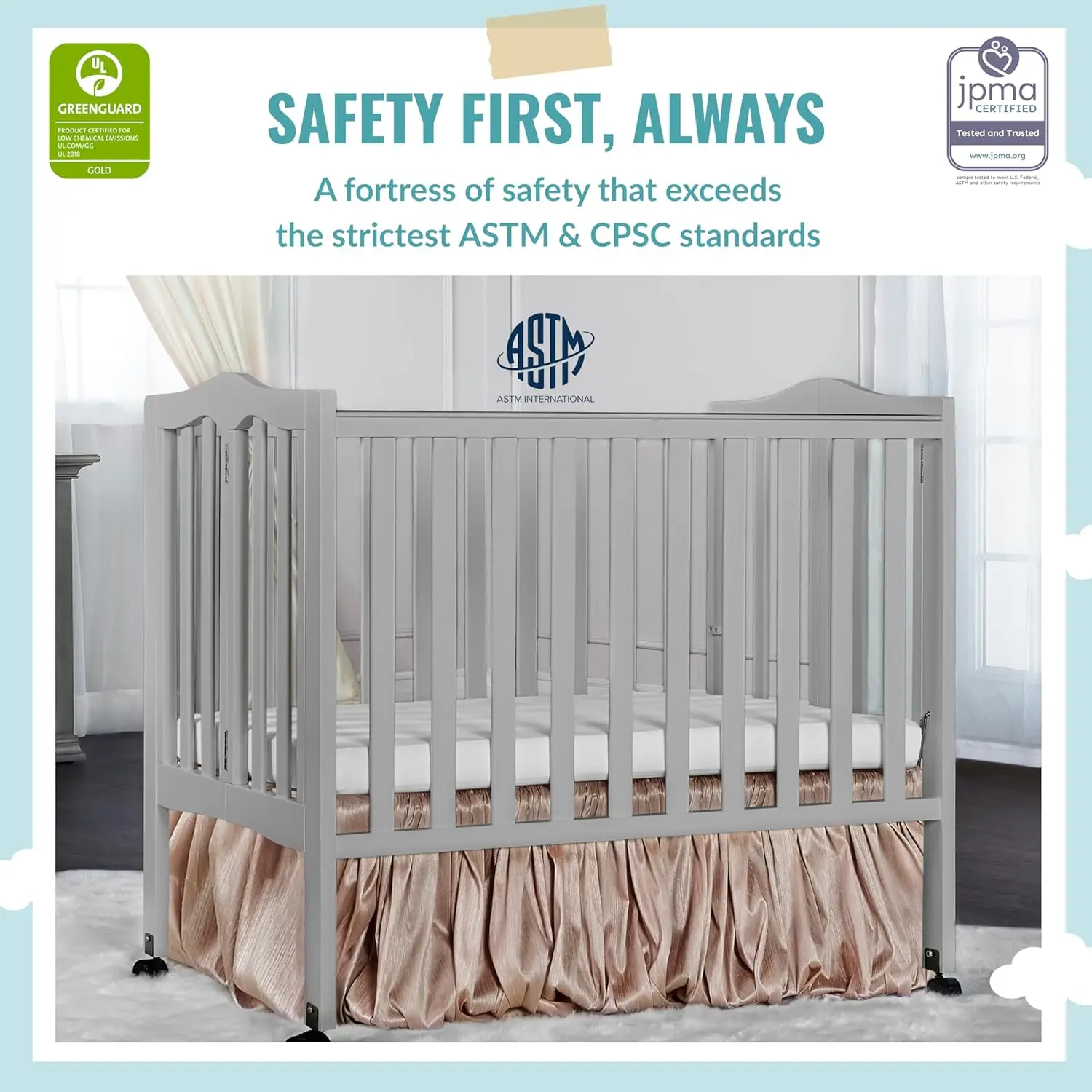 2-in-1 Lightweight Folding Portable Stationary Side Crib in Pebble Grey, Greenguard Gold Certified, Baby Crib to Playpen
