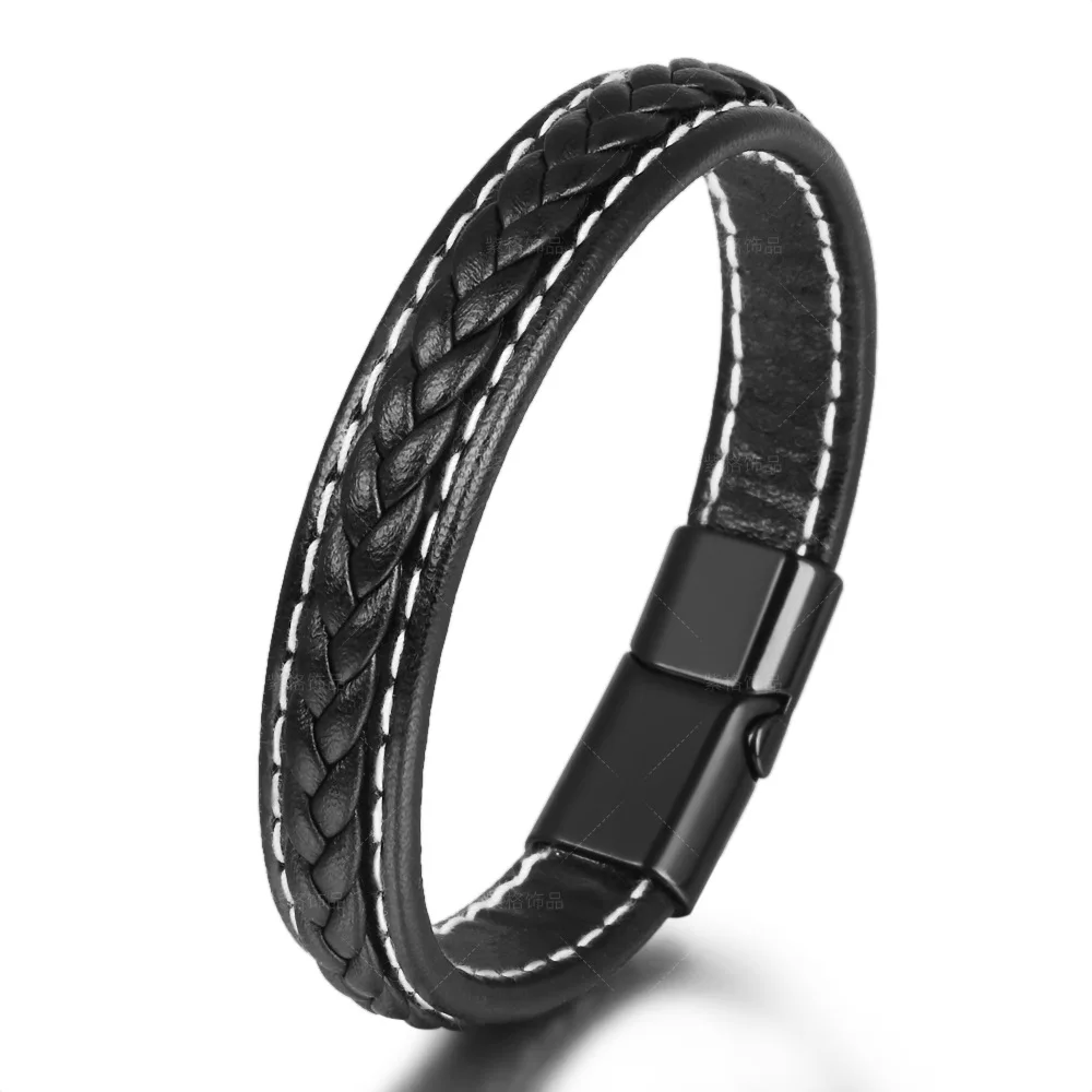 Trendy Leather Bracelets Men Stainless Steel Braided Rope Bracelets