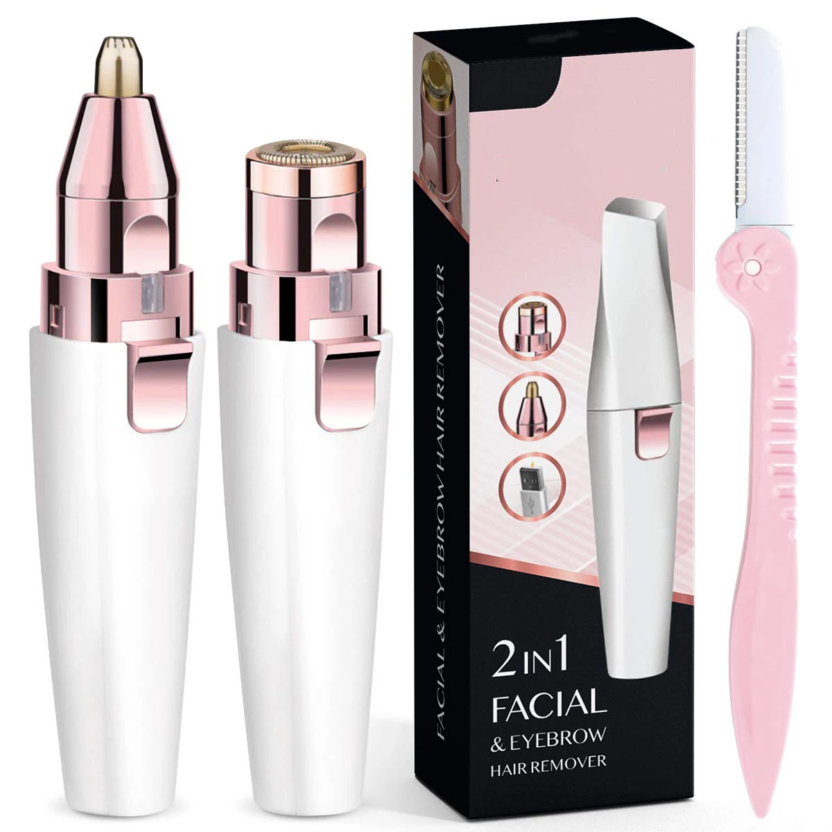 Eyebrow Trimmer 2 in1 USB Rechargeable Facial Hair Remover For Women & with Built in LED Light-Remove  For Facial Hair 3