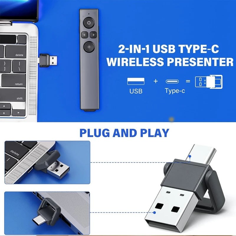 Presenter Clicker Wireless PPT Clicker,2-In-1 USB A/C Powerpoint Clicker For Google Slide Advancer Volume Control