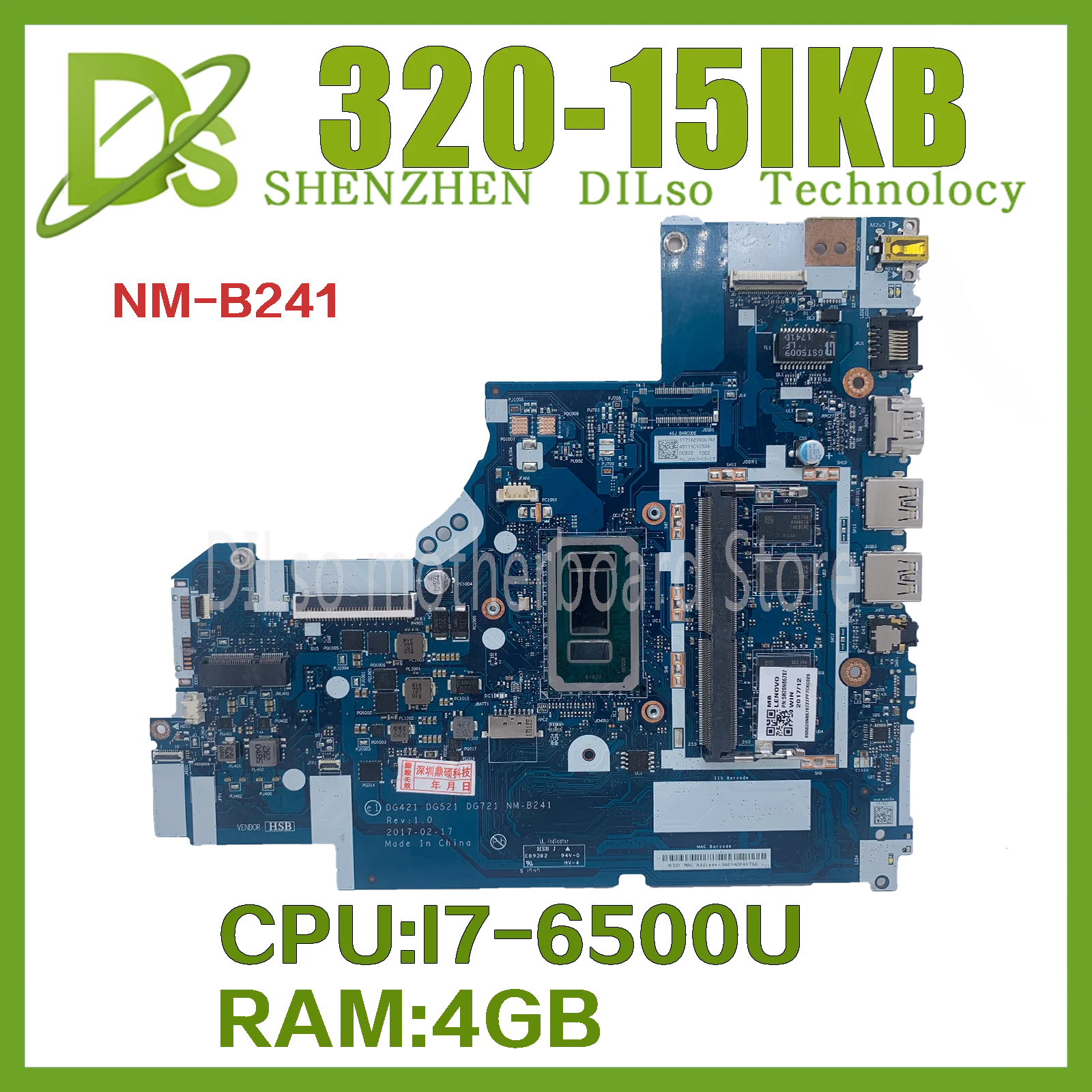 KEFU 320-15IKB Motherboard For Lenovo Ideapad 320-15IKB 320-15ISK 520-15ISK I7-6500U Mainboard NM-B241 with 4GB RAM DDR4 new pc motherboard