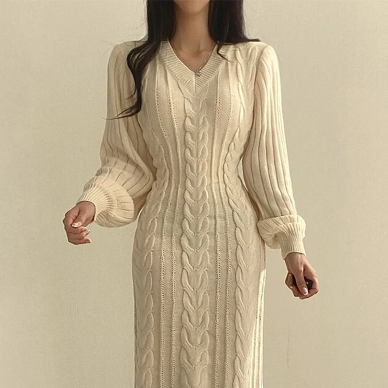 

Apricot Dresses Korean Solid Sweater Dress Women Thick Clothing Winter Knitted 2022 Vintage Warm Elegant Woman Autumn Vestido