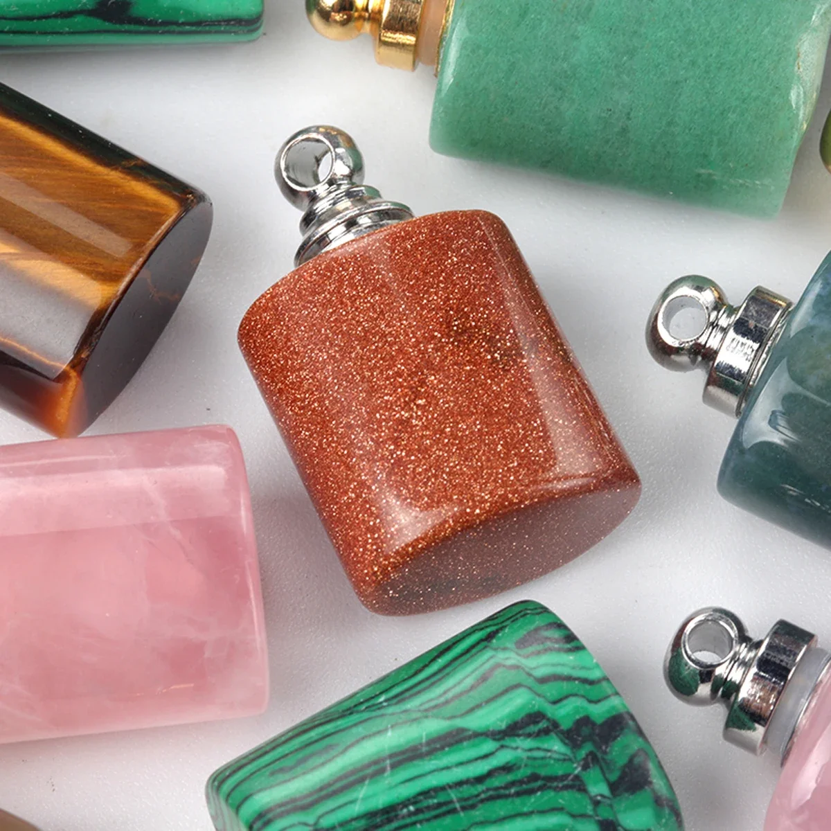 5PCS Natural Stone Charm Elliptic Cylinder Crystal Pendant Perfume Bottle Essential Oil Diffuser Pendant Accessory DIY Necklace