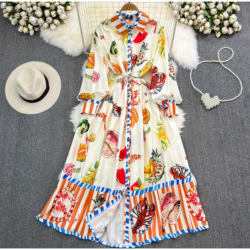 Polo Neck Printed Vintage Long Dress Princess Sleeves Lace-ups High Waist Big Hem Vestidos Casual Fashion Literary Elegant Robe