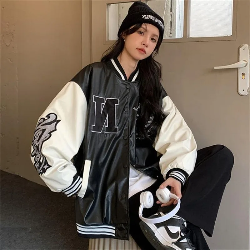 HOUZHOU Leather Baseball Jacket Women Vintage Oversized College Korean Fashion Varsity Jackets Hiphop Bomber Coats Spring 2024
