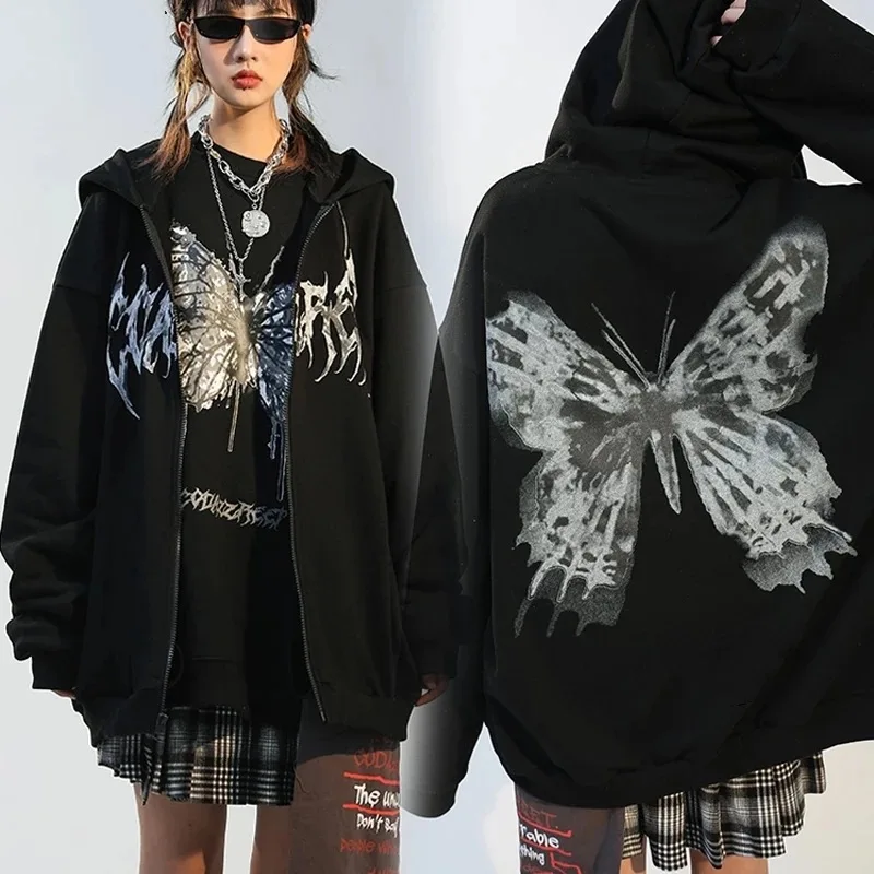 

Women Retro Butterfly Print Hoodies Gothic Men Zip Up Long Sleeve Pocket Autumn Streetwear Y2K Aesthetic Loose Oversized Clothes