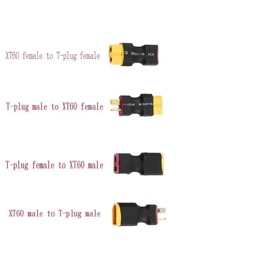 Vue rapprochée des adaptateurs XT60 vers T-connecteur, idéals pour batteries RC