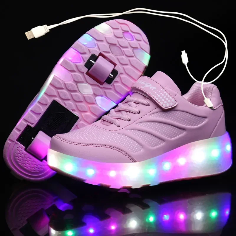 USB Charging Two Wheels Luminous Roller Skate Shoes Kids Shoes for Children Kids Boys Girls 28-43