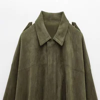 2025 Women Faux Suede Collared Jacket with Shoulder Straps Loose Fit Stylish Olive Green for Sale on - Image 3