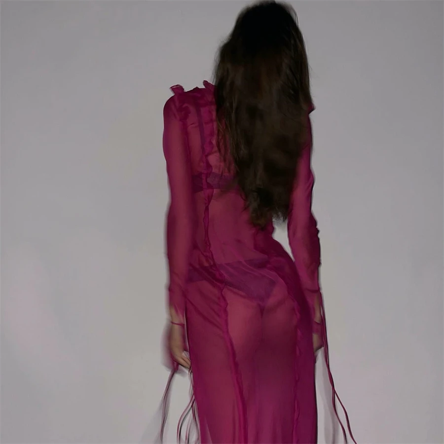 Imcute Women Y2k Sexy Ruffle Hem Dress See Through Bikini Cover Up Dress Side Split Sheer Mesh Swim Beach Sundress swimsuit cover up swimsuit coverup beach suit beach dress set beach evening dress