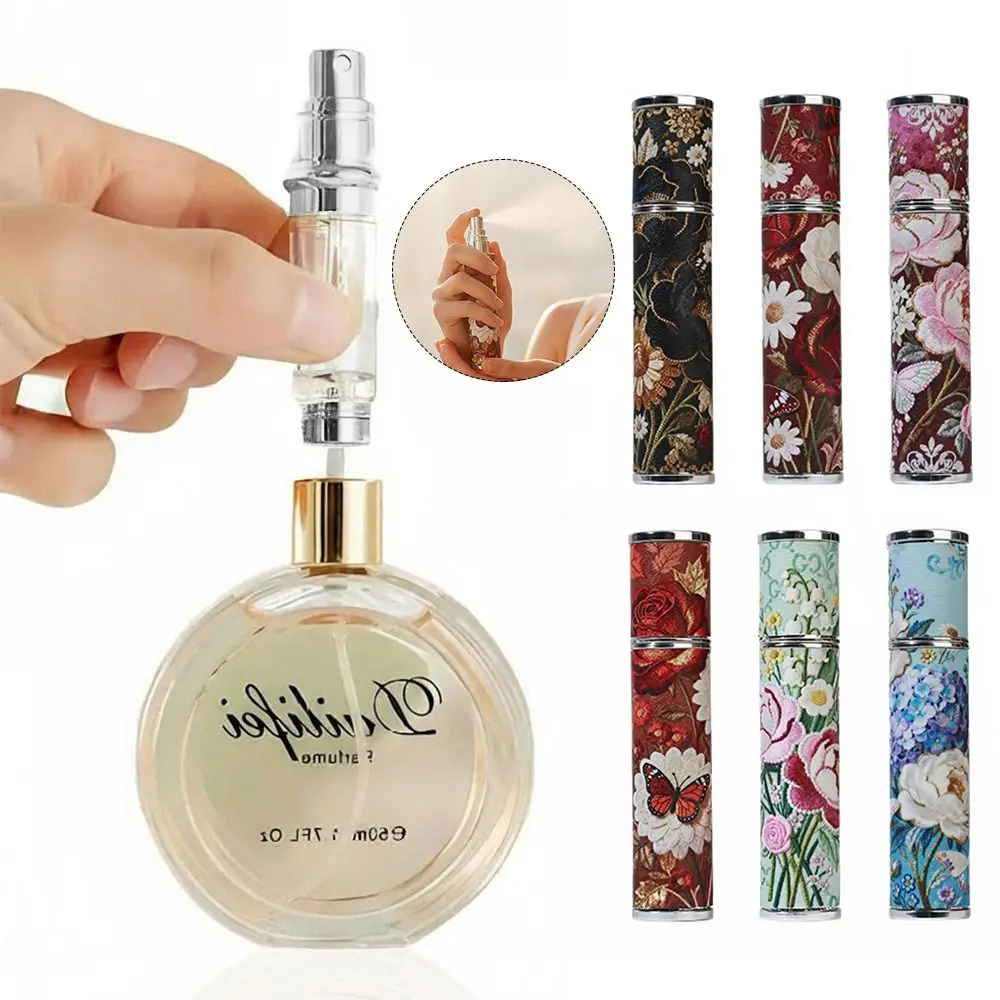 PU Leather Perfume Bottle Floral 10ml Cosmetic Container Leak-proof Refillable Ultra-fine Mist Fragrance Container for Woman