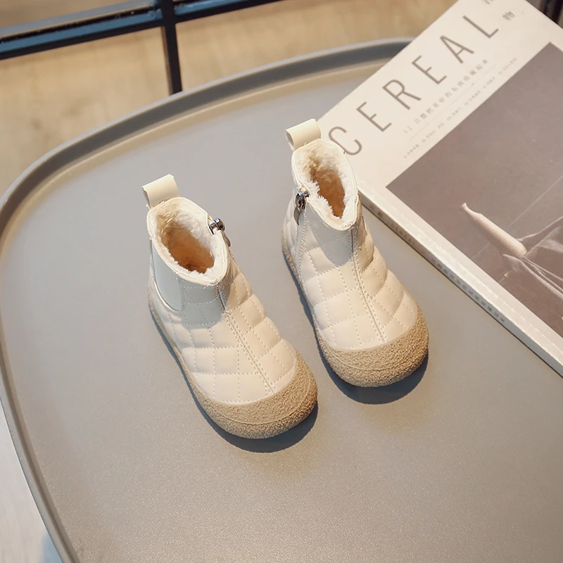 Beige Cotton Kids Winter Ankle Boots