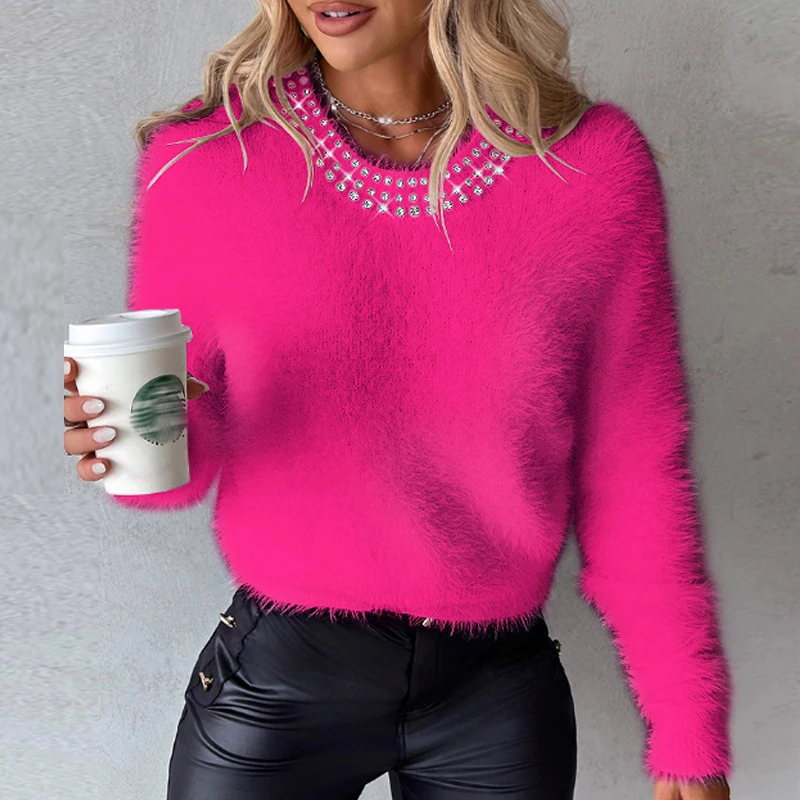 

Elegant Solid Color O Neck Sweater Autumn Casual Long Sleeve Loose Commute Jumper Fashion Beaded Street Warm Plush Pullover Tops