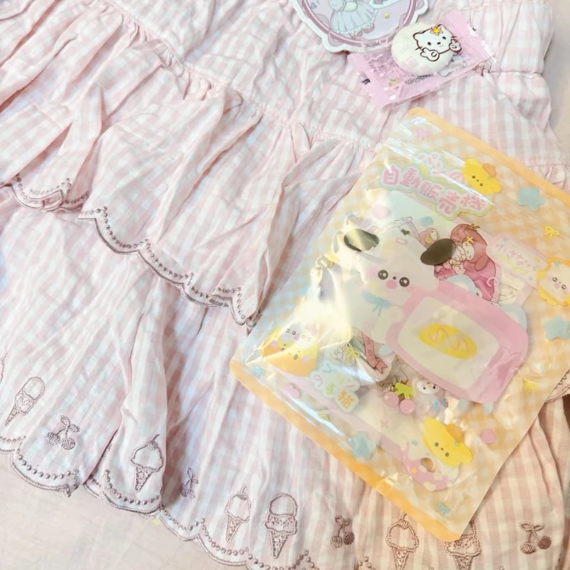 DEEPTOWN Pink Kawaii Skirt Women Japaneae Fashion Elastic Waist A-line Embroidery Cute Plaid Mini Skirt Summer Soft Girl