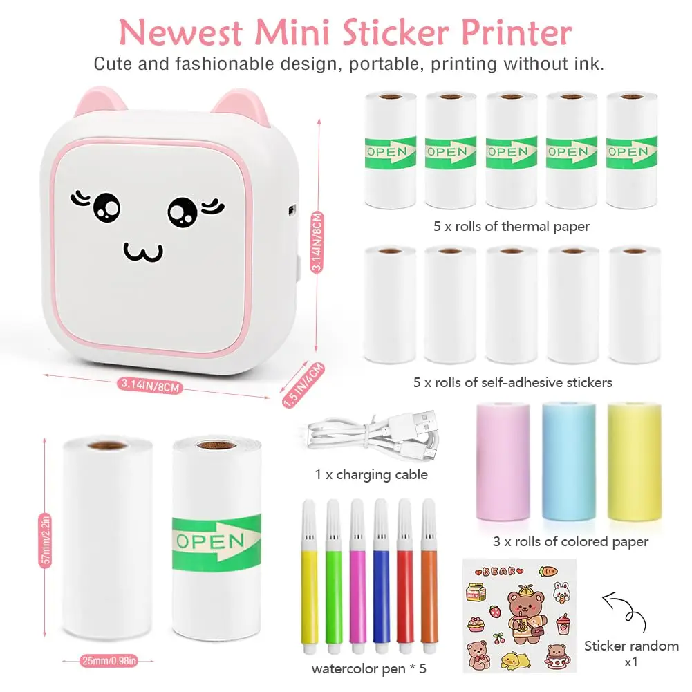 thermal printer with 13 rolls of paper, Bluetooth mini cute printer used for storing notes, photos, stickers, labels, receipts