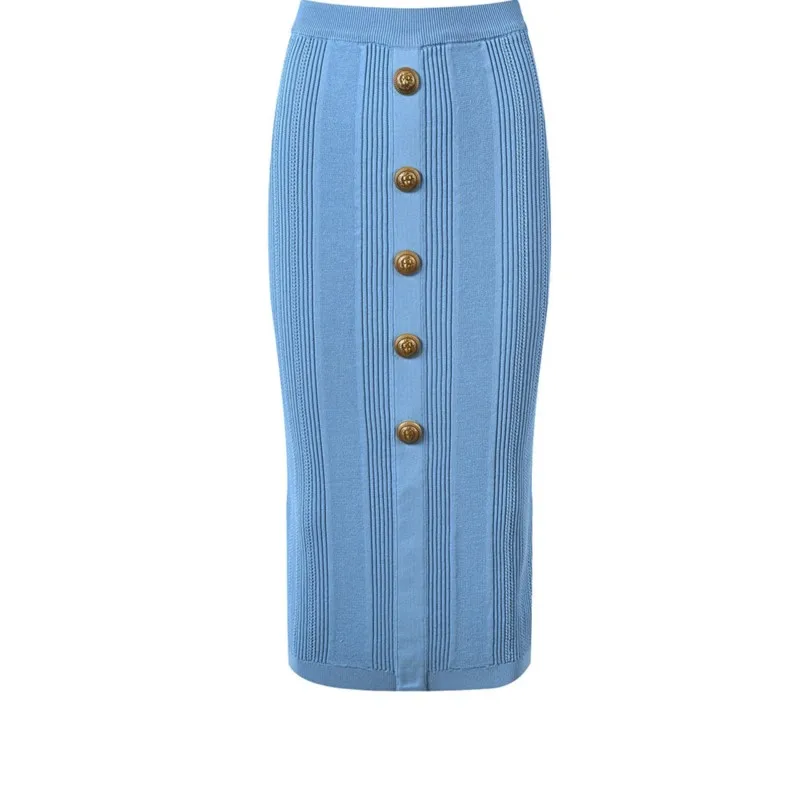 

High Street 3 Colors Black/White/Blue Stretchy Knitting Women Sheath Midi Skirt with Buttons