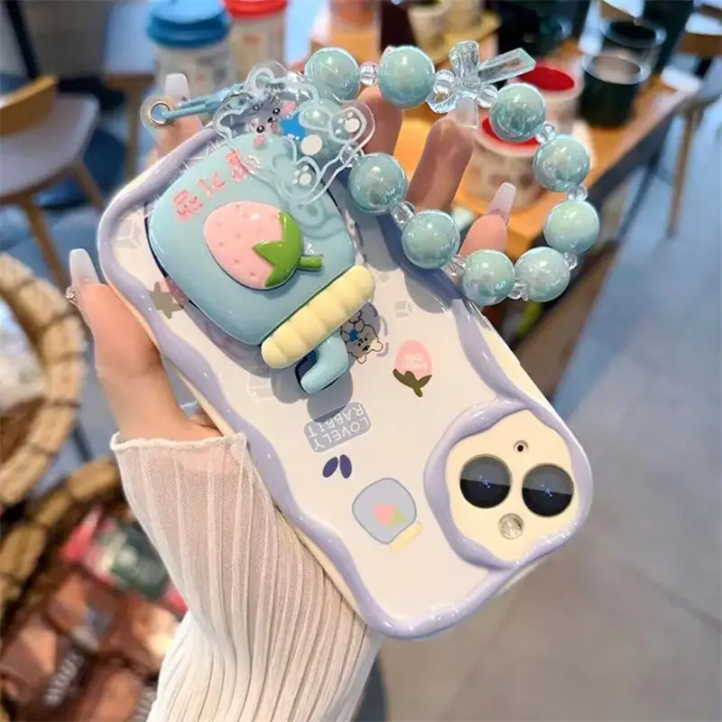 3D Pink Peach Holder Stand Bracelet Chain Case for Samsung Galaxy A34 A55 S24 Ultra S22 S23 Plus A13 A54 A53 Cover Soft Capa_voghion.com