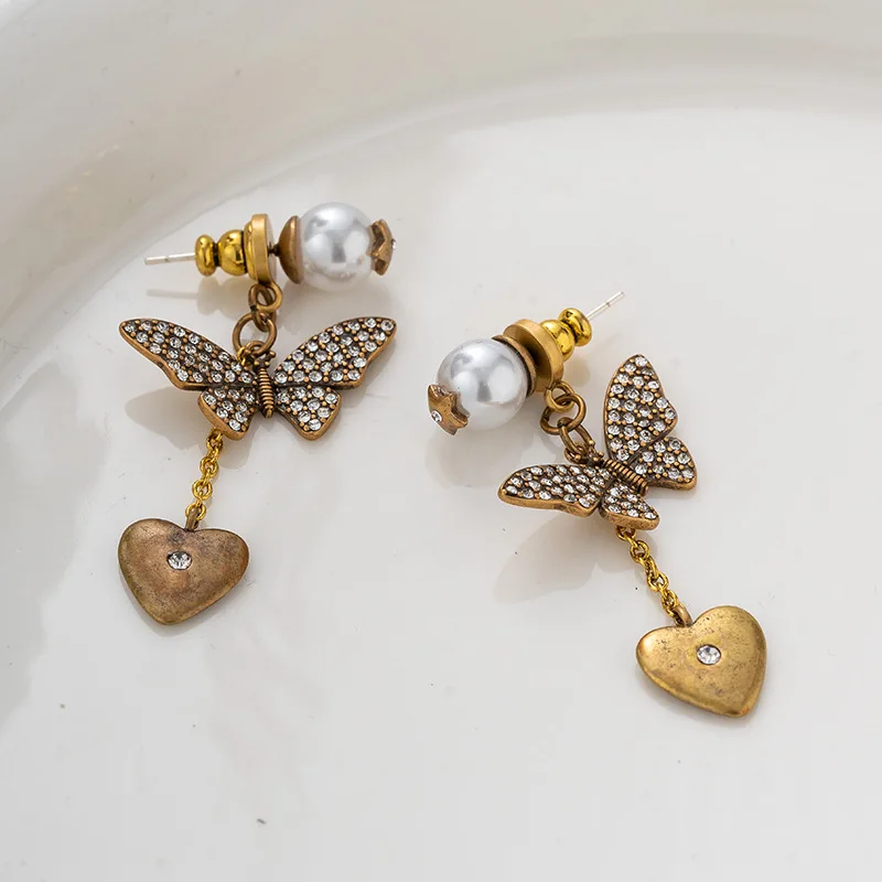 Light luxury vintage imitation pearl butterfly love heart earrings for women