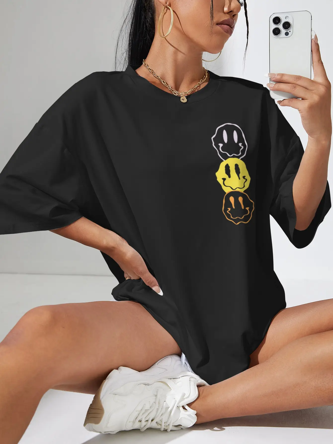 Unhappy Face Cotton Printed Oversized Women's Crew Neck Tee