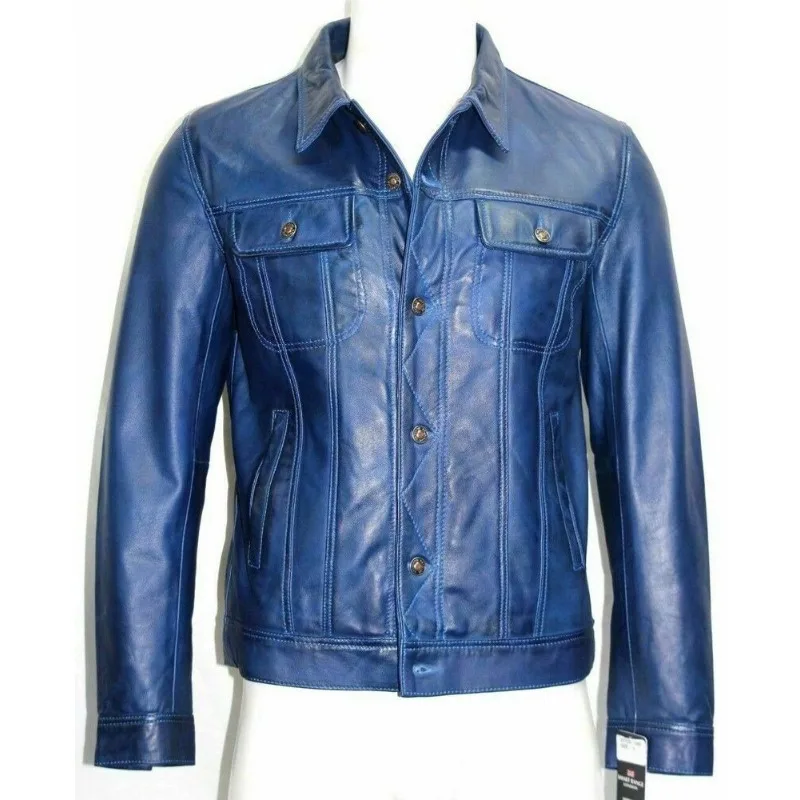 Men's Authentic Sheepskin Leather Jacket Blue Rider Denim Shirt Style Jacket European and American Fashion Trend men s yellow leather jacket genuine sheepskin motorcycle rider fashion jacket european and american fashion trend