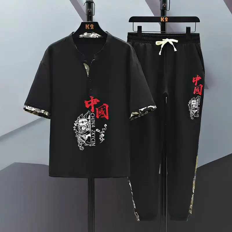 Summer Chinese Style Linen Tang Suit Traditional Clothing Men Tai Chi Uniform Retro Print V-neck Short Sleeve Shirt Pants Set 4
