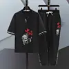 Summer Chinese Style Linen Tang Suit Traditional Clothing Men Tai Chi Uniform Retro Print V-neck Short Sleeve Shirt Pants Set 4