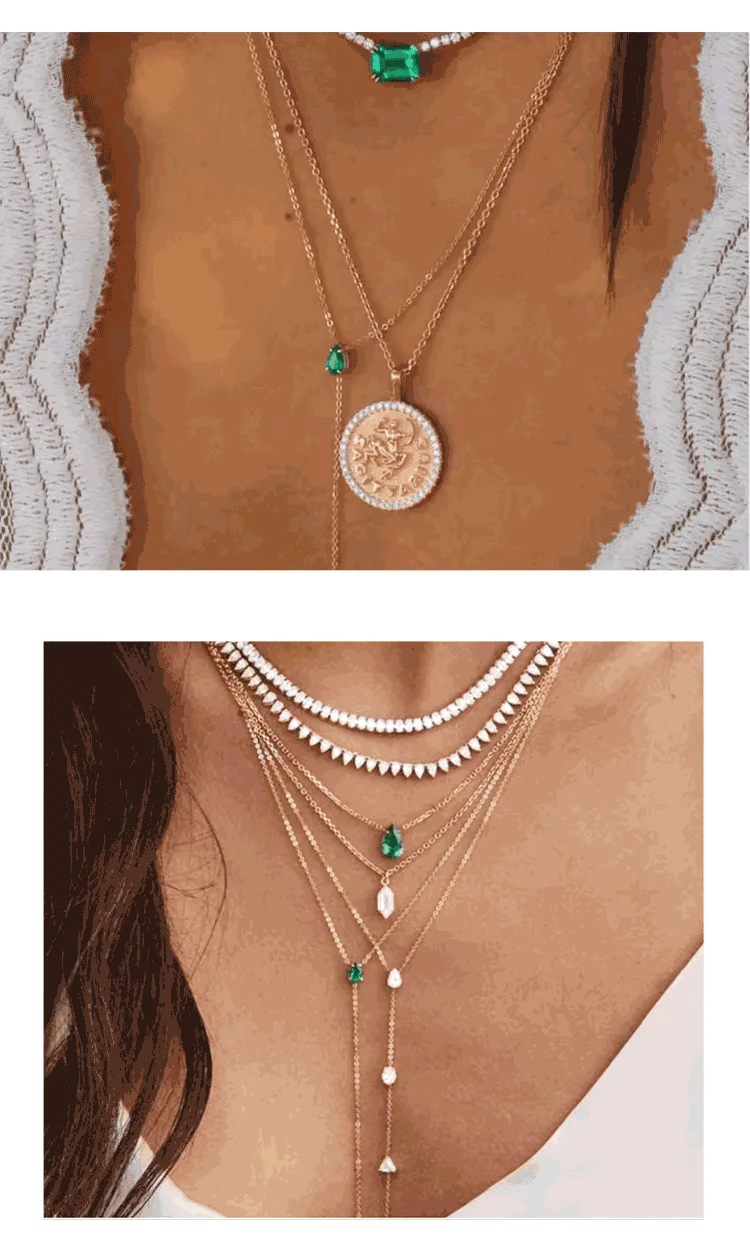 Hochwertige einfache doppelschichtige Tropfen-Charm-Halskette mit grünem CZ gepflastert für Damen, modischer klassischer Schlüsselbeinkettenschmuck – Detail 8