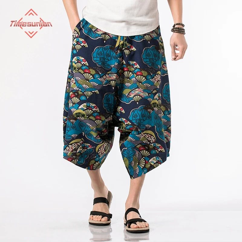 Hawaii Chinese Style Printing Wide Leg Pants Men 100% Cotton Drawstring Trousers Streetwear Hip Hop Fitting Jogging Casual Pants