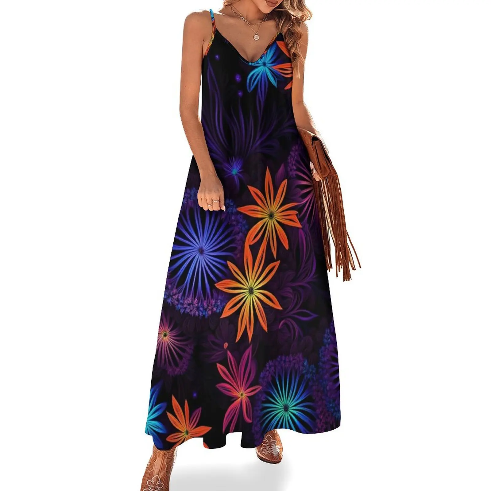 

Wildflowers in blacklight 9 Sleeveless Dress Clothing female elegant dress Prom gown