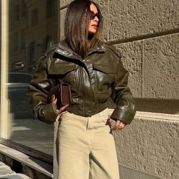 سترة نسائية من الجلد الصناعي من HXAO سترة منفوخة جديدة للموسم الجديد معطف قصير بأكمام طويلة جديد في ملابس خارجية معطف نسائي بسحاب 2
