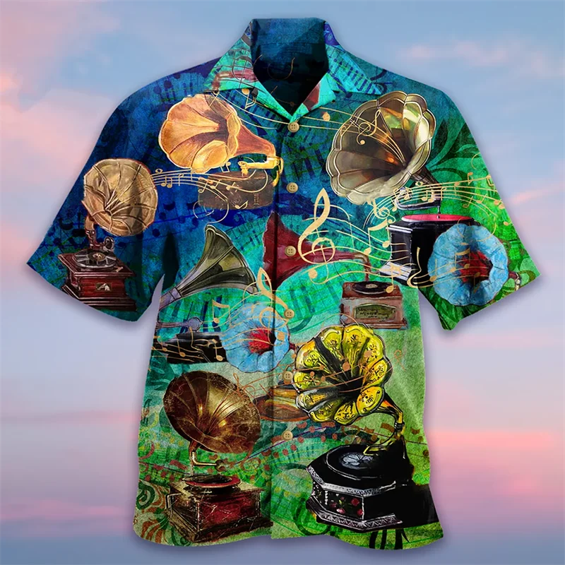 thumbnail image 1 of Camisa hawaiana de moda con estampado 3D de instrumento, piano y guitarra, blusa de fiesta en la playa con solapa de manga corta, ropa para hombre, tops de gran tamaño, 1 of 5