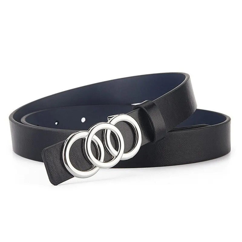 1pc New Women's Belt Fashion Silver Three Circle Buckle Belt Versatile Personalized PU Leather Belt Paired With Jeans Lady Belt