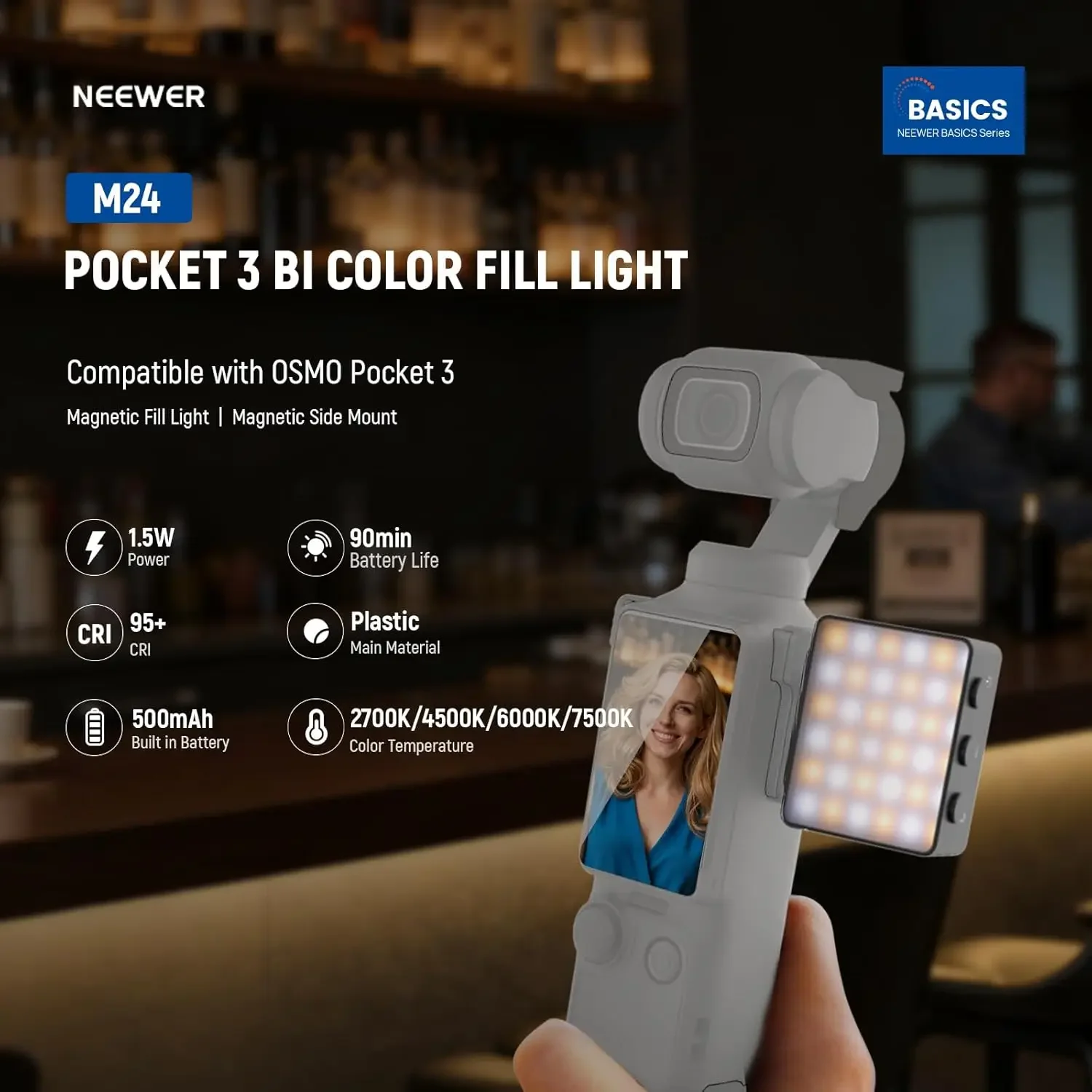 Basics Bi Color Magnetic Camera Auxiliary Light For DJI OSMO Pocket 3, 1.5W Rech