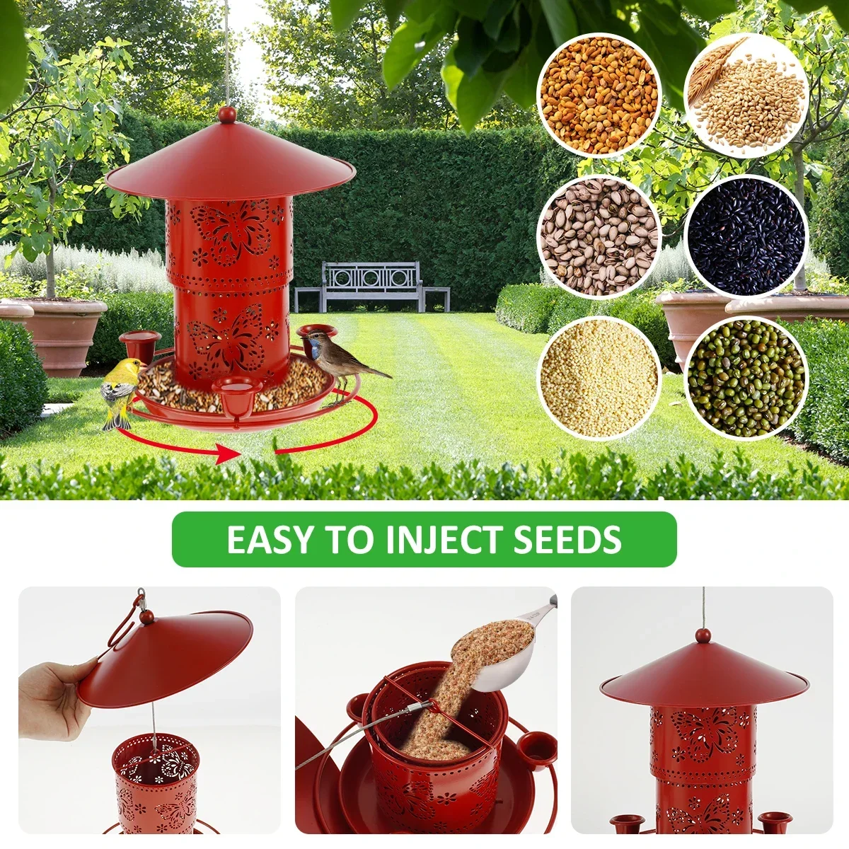 Metal Bird Feeder 32oz Adjustable Hummingbird Feeder with 3 Water Cups and S Hook Weather-Resistant Outdoor Hanging Wild Bird