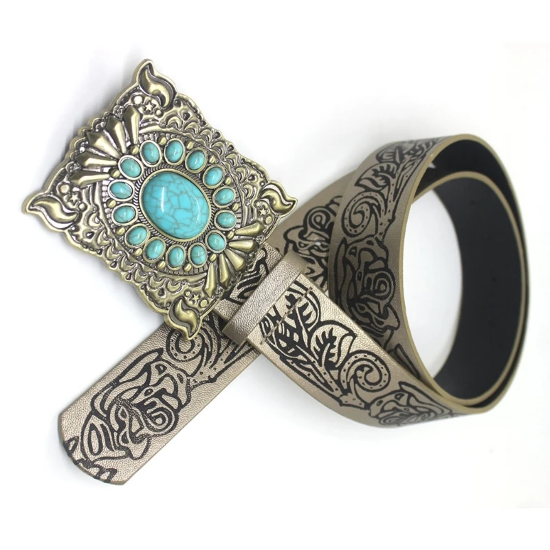 

Ethnic Adult Belt with Adjustable Carved Turquoise Buckle Waistband PU Waist Belts for Women Universal Skirt Waist Belt 28TF