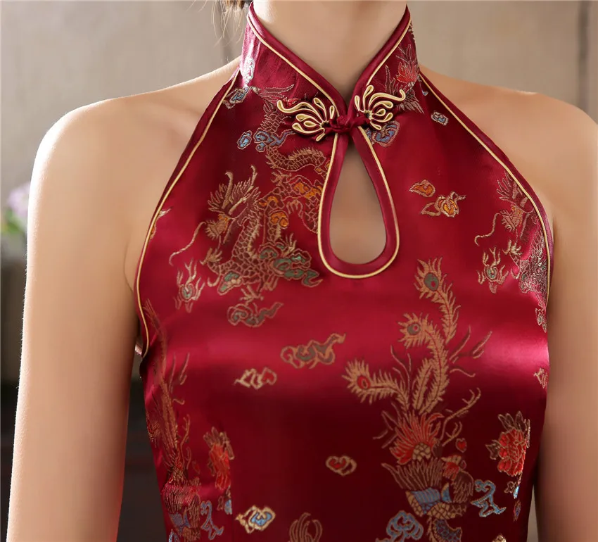 Vintage Lady Sexy Satin Qipao Evening Dress Classic Backless Cheongsam Female Traditional Chinese Wedding Dress Oriental Qipao