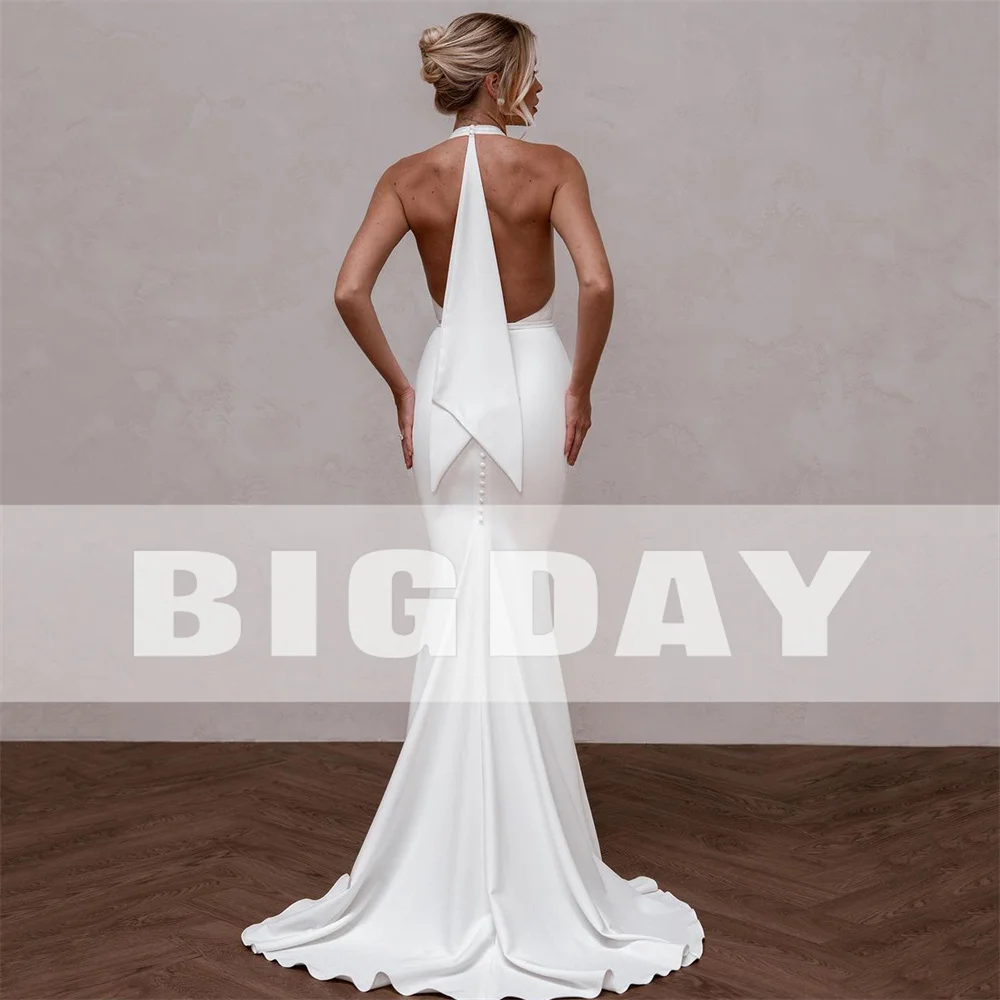Elegant Mermaid Wedding Dress V-Neck Halter Open Back Simple Buttons Pleat Bridal Gown Sweep Train Vestidos De Noiva Customized 13 S5f7ae4924ad44c01a2016685cd61c762C