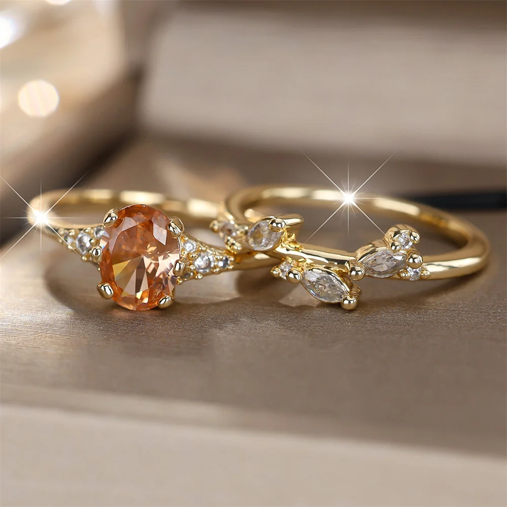 Champagne Crystal Oval Stone Tree Leaf Ring Sets For Women Vintage Gold Color White Zircon Engagement Rings Set Bridal Jewelry