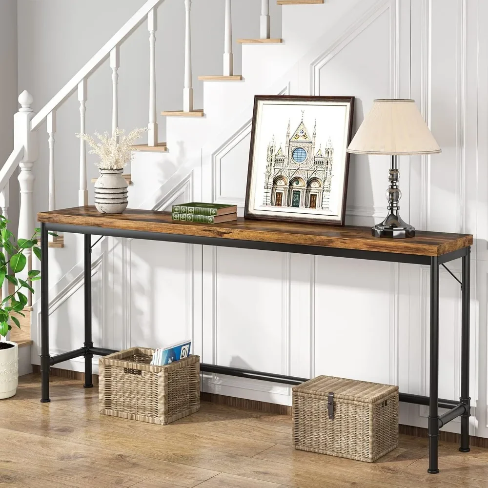 70.9 Inch Extra Long Console Table, Narrow Sofa Table Behind Couch, Rustic Entryway Hallway Table Industrial Height Bar