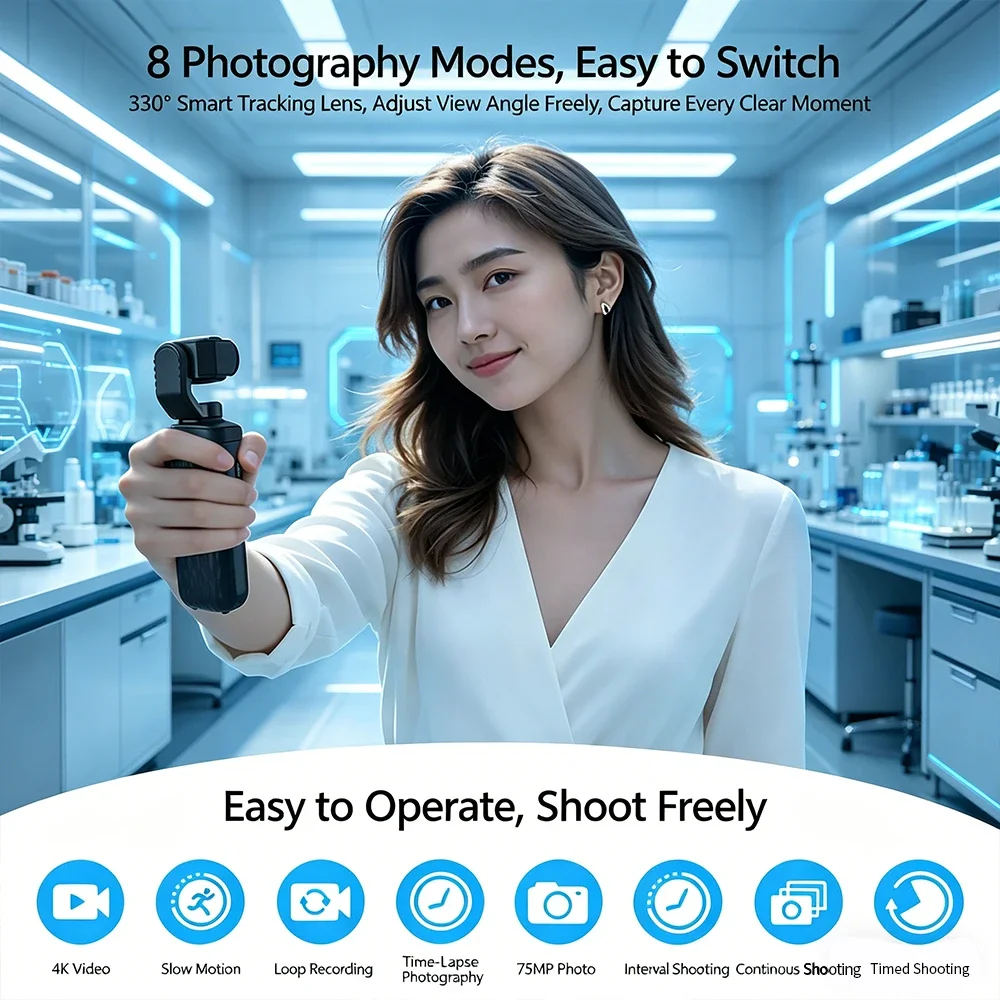 4K 30FPS 포켓 짐벌 카메라 75MP 울트라 HD 픽셀 330 ° AI 자동 추적 핸드헬드 스포츠 카메라 (브로그 라이브 스트리밍용)