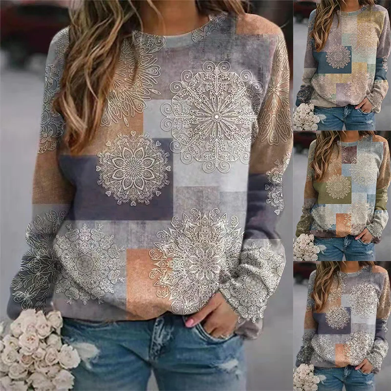 

Female Color Blocking Round Neck Printed Long Sleeved Sweater Women's Spring And Autumn Bottoming Top Lady Fashion Casual Shirts