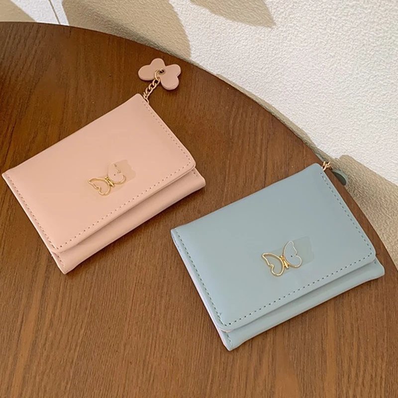 Pink Women Wallets PU Leather Female Purse Butterfly Designs Mini Solid Multi-Cards Holder Short Wallets Slim Small Wallet 4