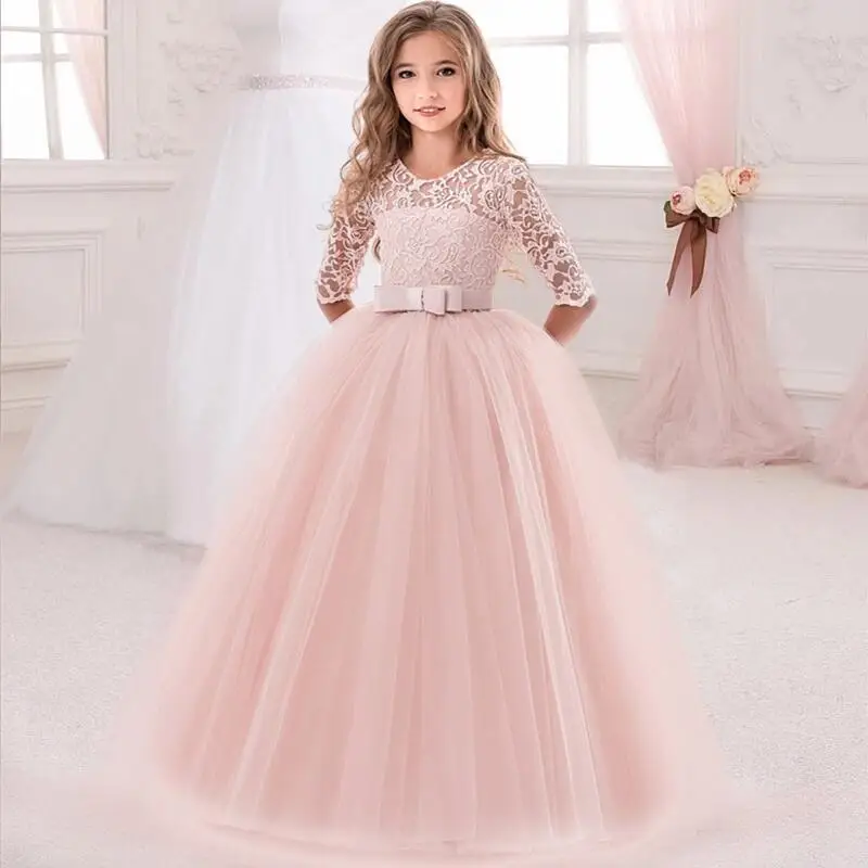 Elegant White Bridesmaid Girl Party Wedding Lace Dress Kids Dresses for Girls Children Costumes Princess Vestidos 6 10 12 Years